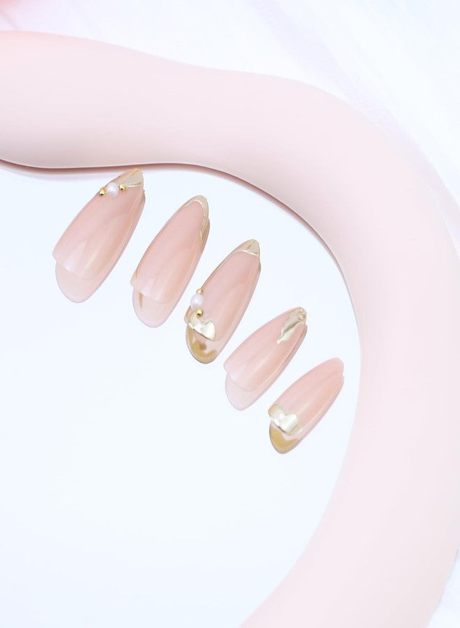 BSBTBZ Chrome Gold Press on Nails Medium Almond Stick on Nails Gold French Tip Fake Nails 3D Gilded False Nails with Pearls Rhinestones Designs Acrylic Nails for Women DIY Manicure Charms Decor Supply 24Pcs - Image 4